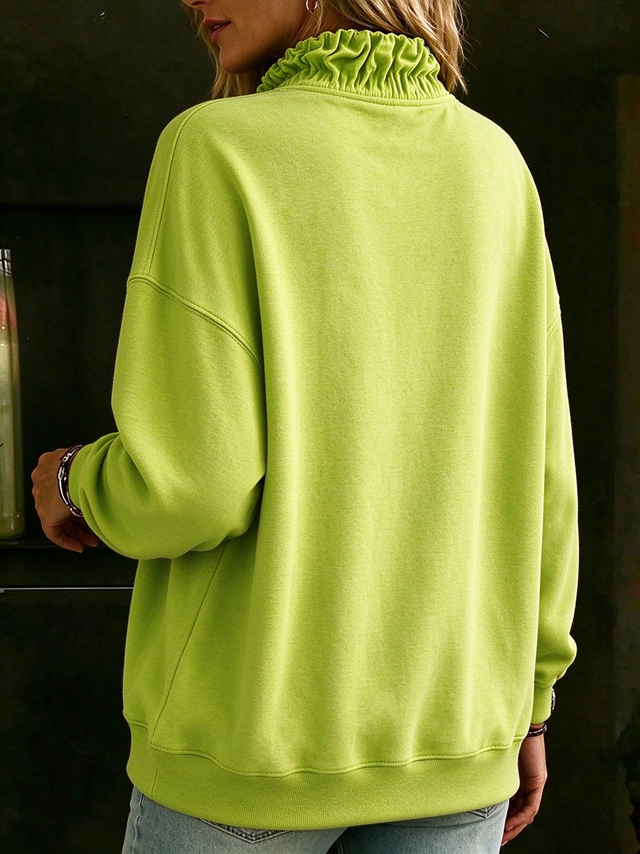 Olivia™ | Oversized Ruffled Quarter-zip Green Sweatshirt