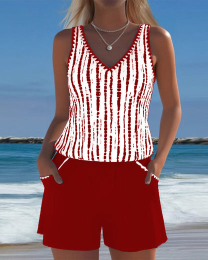 Mia™ | Casual Two Piece Printed V-Neck Swimsuit with Pockets
