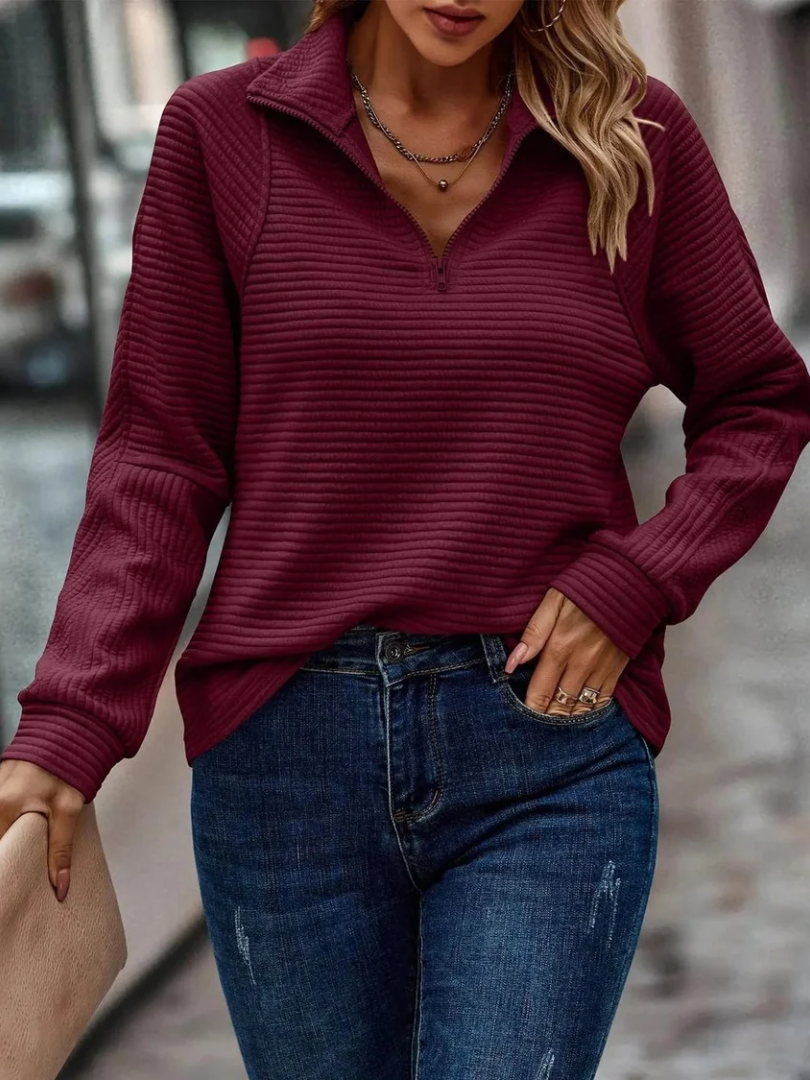 Camila | Women's Quarter-Zip Ribbed Pullover Sweater Stand Collar