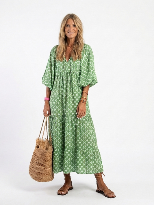 Apolline | Midi Dress with Three-Quarter Sleeves and V-Neck with Pattern