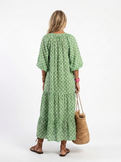 Apolline | Midi Dress with Three-Quarter Sleeves and V-Neck with Pattern