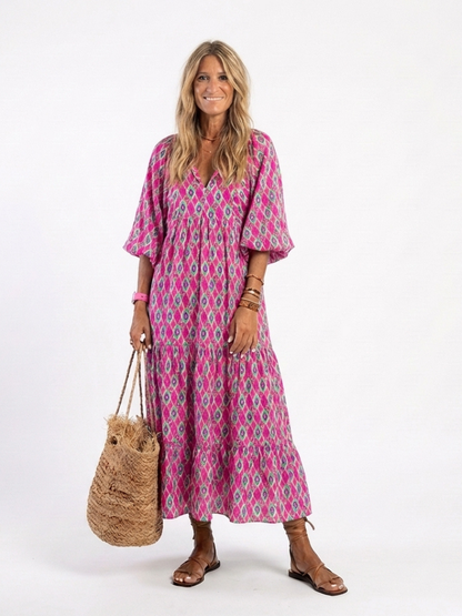 Apolline | Midi Dress with Three-Quarter Sleeves and V-Neck with Pattern