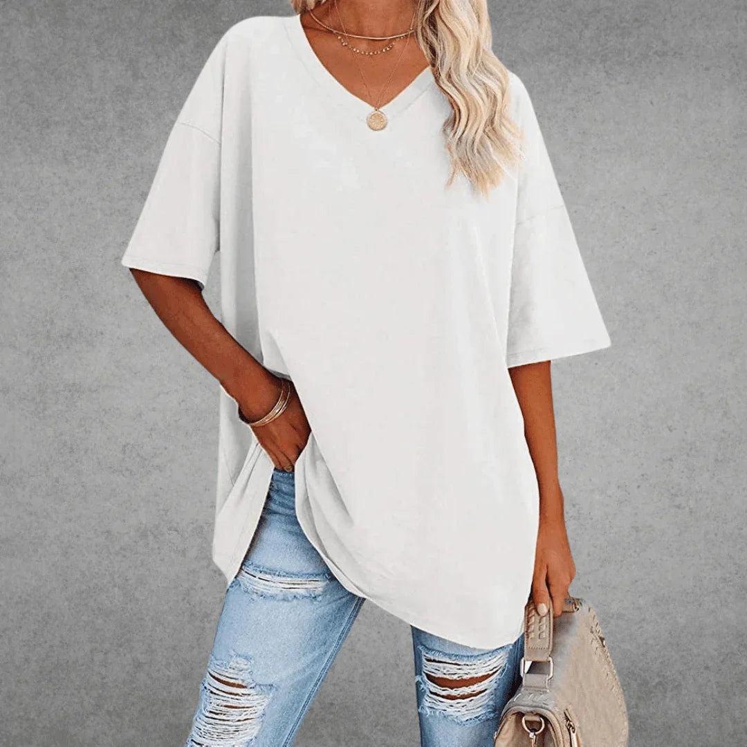 Nerissa Shirt | V-Neck Short Sleeve Cotton Blend T-Shirt