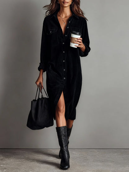 Béatrice | Midi Dress in Corduroy with Pockets and Single Button Closure