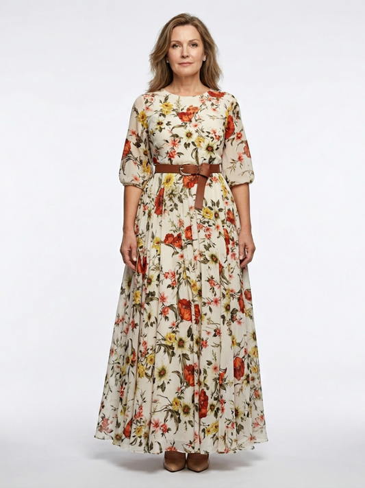 Odelia | Round Neck Three Quarter Sleeve Belted Maxi Dress