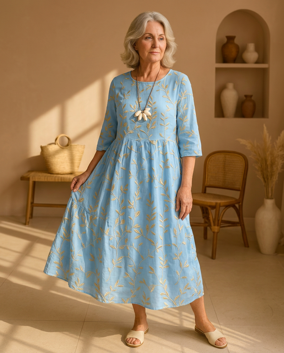 Natalie | Plant & Flower Print Round Neck Midi Dress