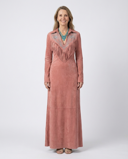 Vintage Western Tassel Embroidered Pink Faux Suede Dress