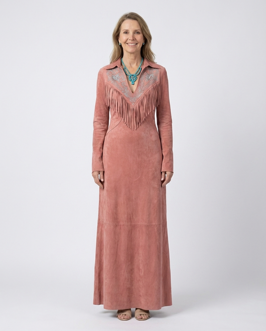Vintage Western Tassel Embroidered Pink Faux Suede Dress