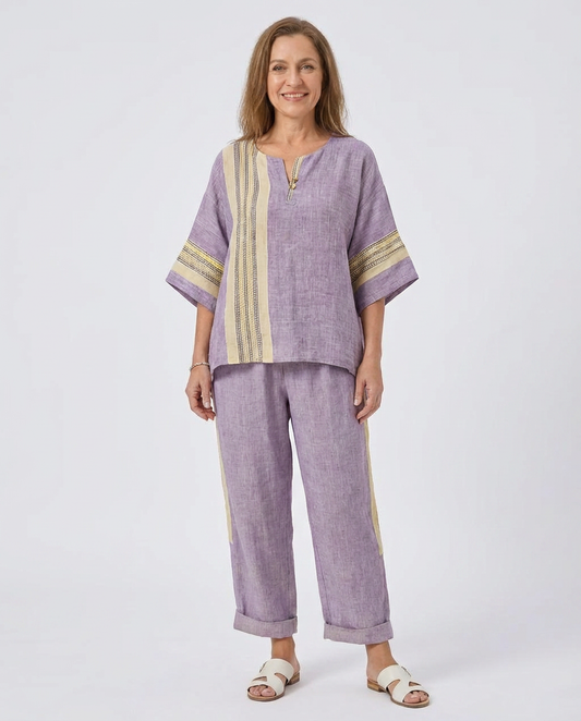 Elowric | Elegant Lavender Top & Mustard Striped Pants