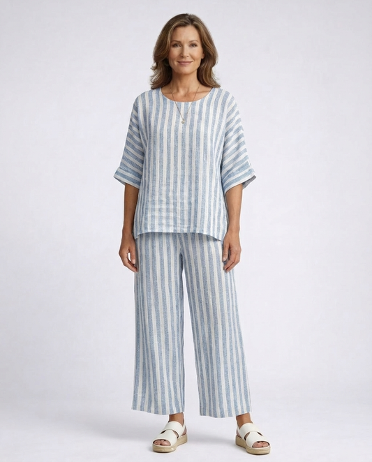 Rensleigh | Sophisticated Blue Striped Linen Top & Relaxed Pants