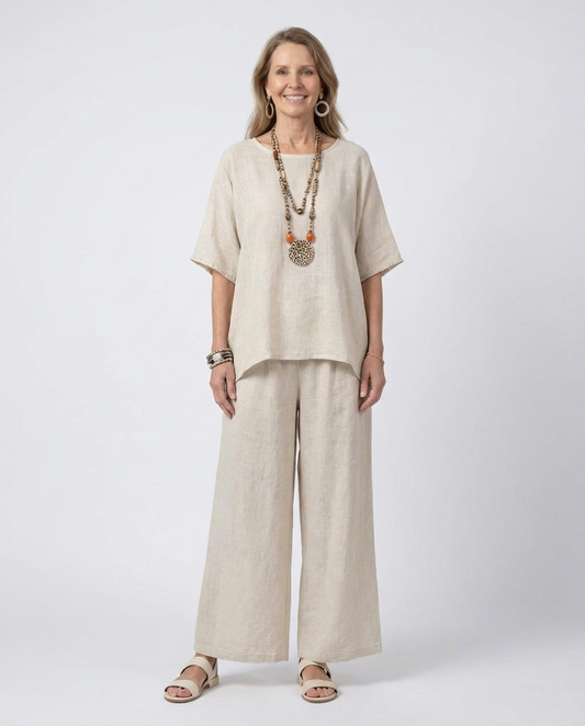 Drevon | Comfortable Minimalist Raw Blouse & Wide-Leg Pants