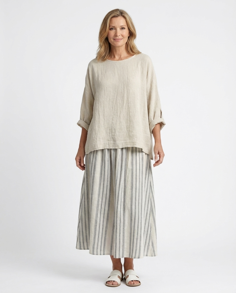 Aurcyn | Comfortable Loose Blouse & Striped Midi Skirt