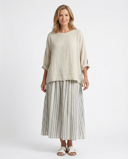 Aurcyn | Comfortable Loose Blouse & Striped Midi Skirt