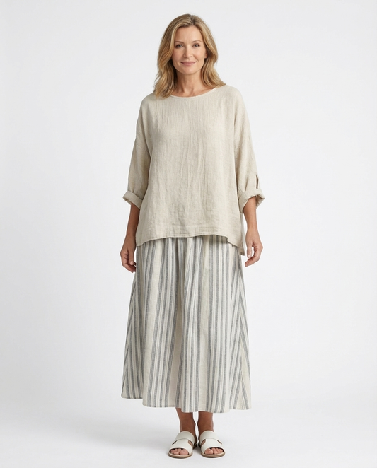 Aurcyn | Comfortable Loose Blouse & Striped Midi Skirt