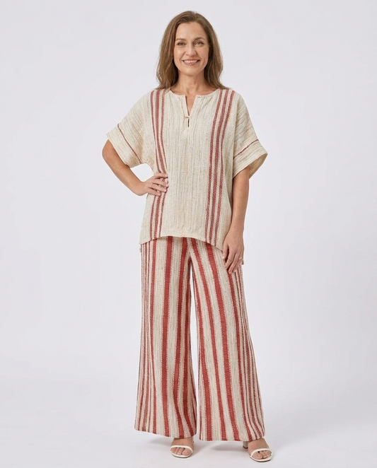 Mirella | Sophisticated Textured Red-Stripe Top & Linen Pants