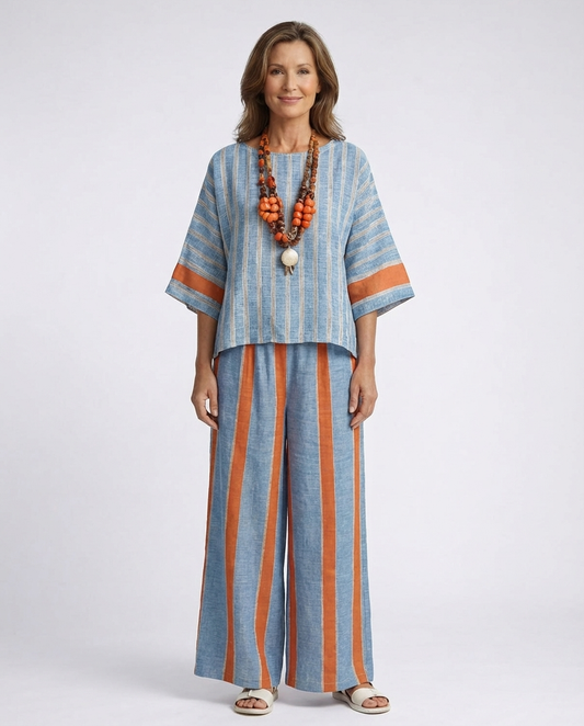 Velmere | Sophisticated Terracotta Striped Top & Linen Pants
