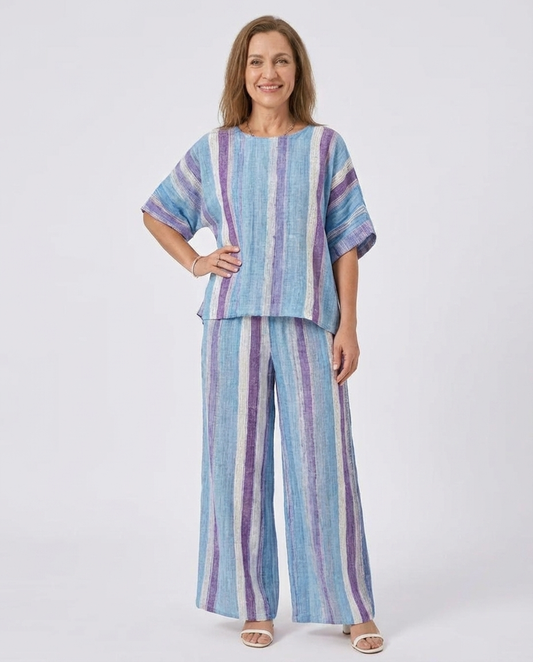 Faelith | Elegant Mauve Pastel Top & Striped Linen Pants