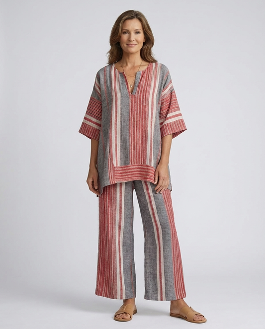 Bravine | Elegant Coral-Gray Linen Top & Wide-Leg Pants