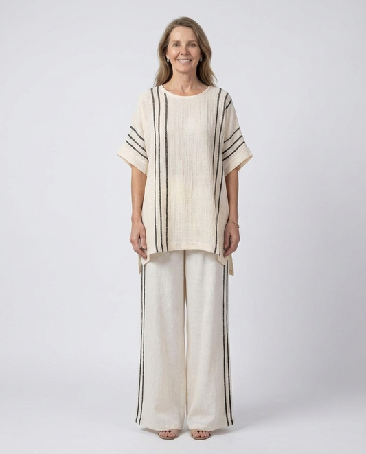 Greysen | Elegant Ivory Linen Blouse & Black Striped Pants