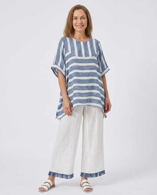 Corvielle | Sophisticated Blue Striped Top & Hem-Detailed Pants