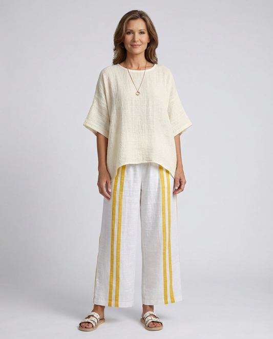 Anselor | Elegant Yellow Striped Linen Top & Wide-Leg Pants