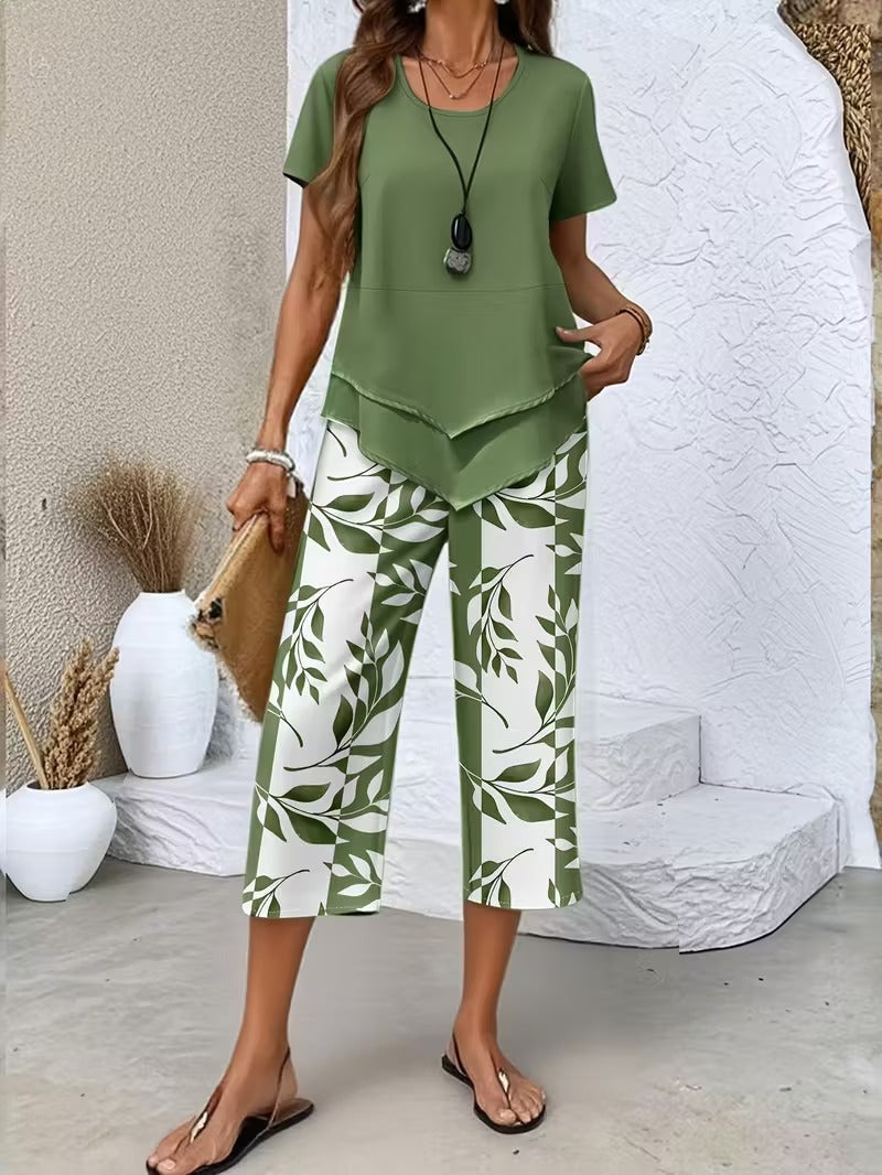 Arvessa™ - Casual Leaf Print Two-Piece Set