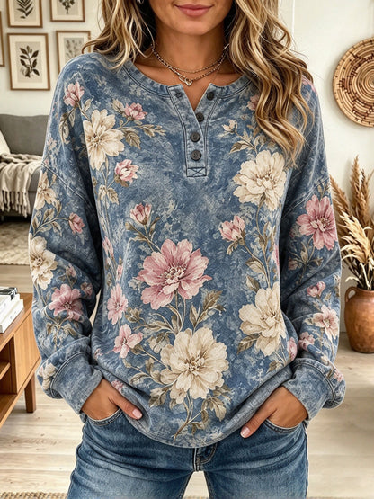 Samantha | Floral Print Henley Long Sleeve Sweatshirt