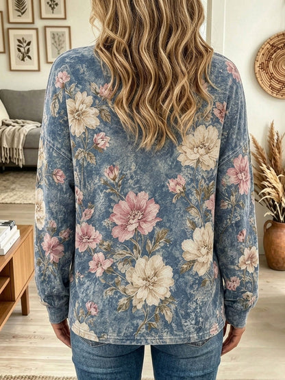 Samantha | Floral Print Henley Long Sleeve Sweatshirt